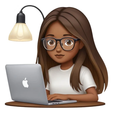 brown balayage straight long hair girl with MacBook with glasses with a smart lamp over her head  sticker