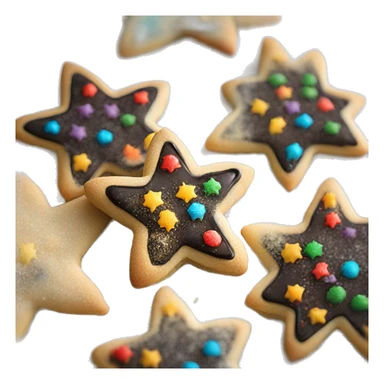 Create a smiley Christmas cookie in the shape of a star or snowflake. The cookies are decorated with black icing and sprinkled with colored sugar. It should look appetizing and festive sticker