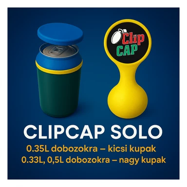A kupakokat színezd át kékre. A CLIPCAP DUO felírat helyett CLIPCAP SOLO felírat legyen, a "kicsi és nagy kupak a csomagban" szöveg helyett "0.25L dobozokra - kicsi kupak" és a "0.33L,0.5L dobozokra - nagy kupak" külön sorban. A 0.25L, a 0.33L, a 0.5L-t ponttal írd! sticker
