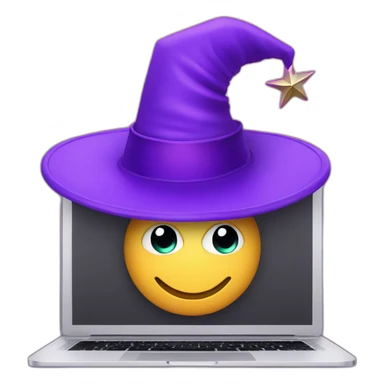 magician with a purple pointy magic hat with a star working on a macbook sticker