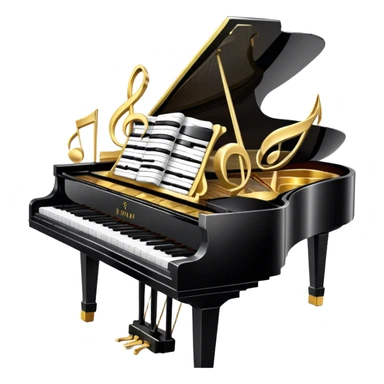 Create a detailed and elegant emoji collage representing keyboard instruments in a celebratory and professional style, reminiscent of a coat of arms. The design should feature a central arrangement of black and white piano keys, forming a symmetrical, powerful image. Around the keys, include a flowing ribbon of musical notes that intertwines with the keys, creating a sense of movement and harmony. Use gold and silver accents to highlight the keys and musical notes, giving the design a festive, high-quality appearance. The design should convey professionalism, elegance, and a sense of occasion. Add subtle reflections on the piano keys to enhance the polished look. The background should be transparent. sticker