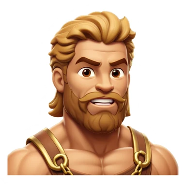 Cinematic Realistic Hercules Portrait, head tilted dramatically with an exaggeratedly amused expression, featuring a bold yet playful demeanor. His rugged, muscular form and finely detailed classical garb are rendered with dynamic lighting and robust textures, conveying a rare moment of lighthearted mirth from a timeless legend. sticker