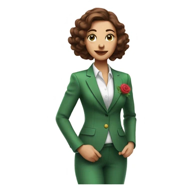 Woman with brown hair in green suit with rose on stomach sprayin perfume sticker