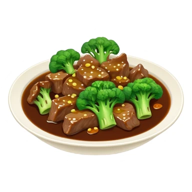 Beef with Broccoli in oyster sauce, simplified emoji style with bold outlines and bright colors, cartoon style stir fried Xi Lan Hua Niu Rou sticker
