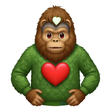 Bigfoot wear a green sweater with a big red heart on the front sticker
