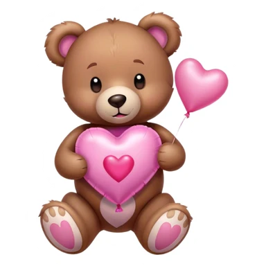 Adorable Plush brown teddy bear holding an inflatable metallic pink heart-shaped balloon in his paw and love letter of the color pink sticker