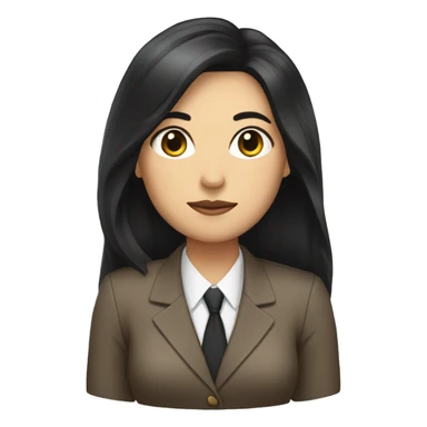 Female defense attorney with long black hair with brown suit sticker
