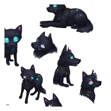 Black iridescent dog fox zombie skeleton gold mechanical nebula galaxy stars flowers fairy lights vintage sticker