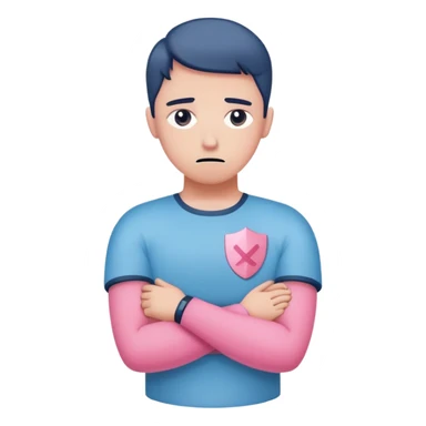 avoidant person with guarded neutral expression and slightly distant eyes, body posture leaning away with arms crossed creating emotional barrier, small shield or wall symbol nearby, phone face down being ignored, minimal soft rounded design with gentle blue and pink colors matching anxious attachment style sticker