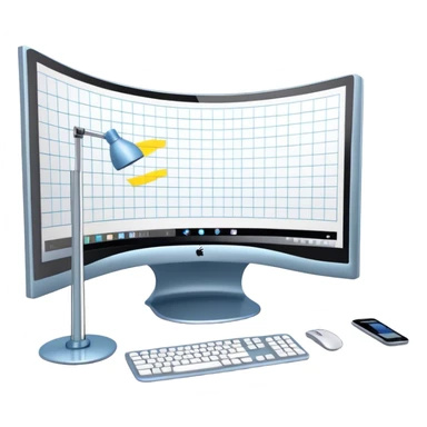 Create an emoji for 3D visualization and modeling. Show a 3D object like room model with grid lines on a big curved monitor. and a modeling tool (e.g., a mouse or stylus). Use modern, professional colors. Do not include any emojis or smiley faces. Make the background transparent. sticker