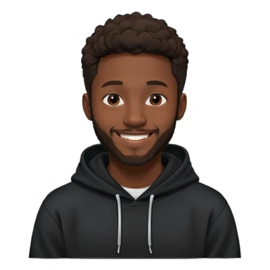 African yound man in his late 20s with a  bright smile with a short boxed beard, black hoody in Pixar cartoon style sticker