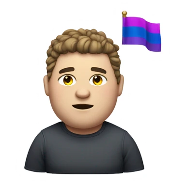 A chubby/muscular white man with half-slanted eyes and hair style with a parting on the left side holding the bisexual flag sticker