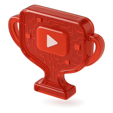 red speech bubble shaped like a trophy with a red YouTube play button, glossy circuit style sticker