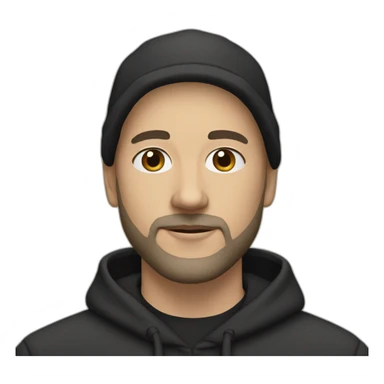 bald (white) man with black (short) beard and no glasses in a black hoodie wearing a light beige cap sticker