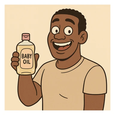 A Black man smiling and holding baby oil, cartoon illustration, minimal background sticker