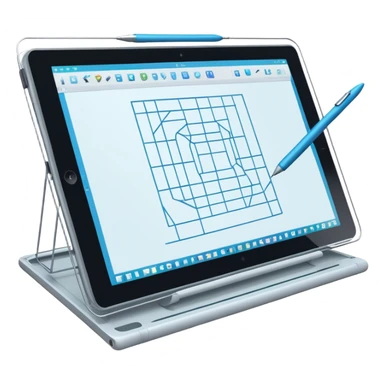 Create an emoji for 3D visualization and modeling. Show a large graphic tablet with a stylus drawing in a 3D modeling program, displaying a wireframe model that pops out from the screen. Use modern, professional colors. Do not include any emojis or smiley faces. Make the background transparent. sticker