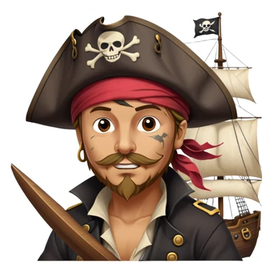 clash-of-clans-aesthetic_-cinematic-focused-pirate-bust-portrait-emoji, head slightly tilted with a determined, roguish expression and bold features, featuring a compact, spirited build with a jaunty hat and quirky bandana on tan skin, at the helm of a grand sailing ship complete with billowing sails and a tattered Jolly Roger flag fluttering dynamically in a tempestuous sea breeze. sticker