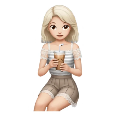 Minimalist girl holding an iced coffee in a chic cafe setting, white lace top, soft natural hair, modern gray striped wall, wooden bench, aesthetic and cozy mood ☕🌿🤍” sticker