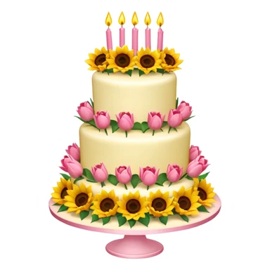 A large three teir cake with first mayer decorated with roses, second with Sunflowers and third with Tulips and Happy Birthday Dear written on top. sticker