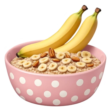 baked oats in a bowl like oat meal with a couple banana slices on top that look a little bit caramelised and a light pink bowl with white polka dots sticker