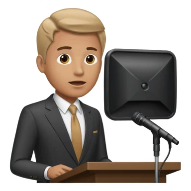 A man speaks into a microphone, and there is a prompter screen in front of him. sticker