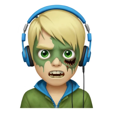 boy zombie whit blonde emo hair and eyes blue and GREEN SKIN and heandphones AND A MICROFONE AND GOLD TEETH and agesive face sticker