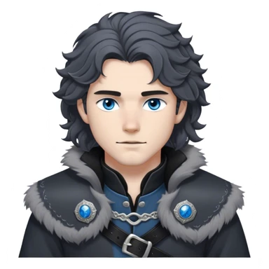 Medieval winter outfit worn by a DnD themed fantasy male character. Heavy charcoal gray wool tunic with black wolf fur lining, embellished with etched silver buttons and a sturdy leather belt with decorative metalwork. Clothes only above the waist, full waist coverage. The character has no arms. Character is white-skinned with jet black hair, steel blue eyes, and shoulder-length wavy hair with snow-kissed strands. sticker