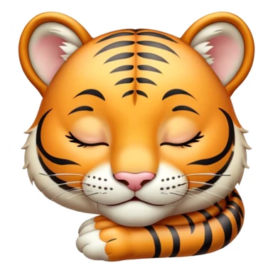 Meme-Worthy cute Sleeping Tiger Cub Portrait Emoji, Head resting peacefully with a contented smile, showcasing a luxuriously soft, striped form and eyes gently closed in serene slumber, Simplified yet comically adorable features, highly detailed, glowing with a soft, drowsy wild light, high shine, relaxed and utterly lovable, stylized with an air of playful laziness, bright and heartwarming, soft glowing outline, capturing the essence of a sleeping tiger cub that feels destined to become the next viral icon of adorable rest! sticker