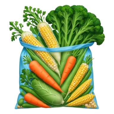 A colorful plastic bag filled with mixed vegetables — peas, carrots, corn, and broccoli — sealed and lightly frosted. Tnutrition facts, and vibrant vegetable images. Displayed in a grocery store freezer with cool white lighting and condensation on the glass door. sticker