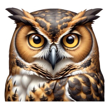 Cinematic Deep Thought Great Horned Owl Portrait Emoji, Head held high with a calm, reflective gaze, showcasing a beautifully mottled plumage and piercing golden eyes that seem to ponder the mysteries of the night, Simplified yet majestically refined features, highly detailed, glowing with a soft, contemplative light, high shine, poised and thoughtful, stylized with an air of profound introspection, capturing the essence of an owl deeply engaged in thought, so thoughtful it feels like it could silently share timeless secrets from beyond the screen! sticker