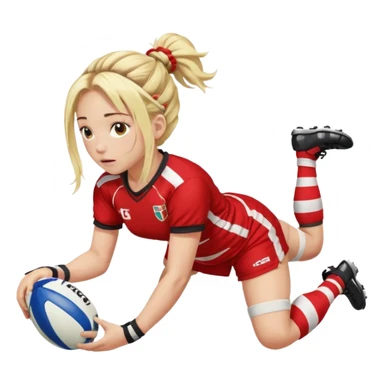 Chica de pelo rubio tirada en el suelo boca abajo agarrando un balón DE RUGBY con las manos vestida con una equipación de color rojo y blanco con líneas y con unas botas de tacos de fútbol, con un bucal en la boca y el pelo con trenzas, se la tienen que ver las piernas  sticker
