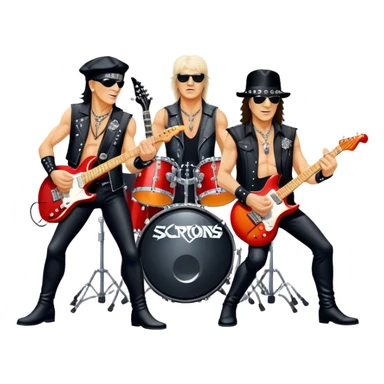Icon for Rock Music: Scorpions live concert on stage with electric guitars, drums, and a powerful spotlight. Klaus Meine at the microphone, Rudolf Schenker and Matthias Jabs playing guitars, dynamic stage presence, and electric energy. Transparent background. sticker