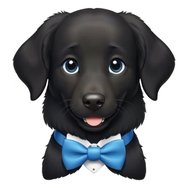Black, flat-coated retriever, smooth fur with subtly fluffy ears, smiling face, small bit of white in her chest, blue bow tie  sticker
