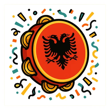 cartoonish tambourine with Albanian flag colors and festive confetti, cheerful sticker