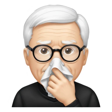 Create me an image of an  old man with white skin and white hair with black framed glasses Blowing his nose on a handkerchief  sticker