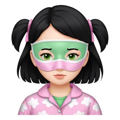 Una chica con pelo negro vestida con una pijama rosada blanquita y que tenga una mascarilla verde en la cara sticker