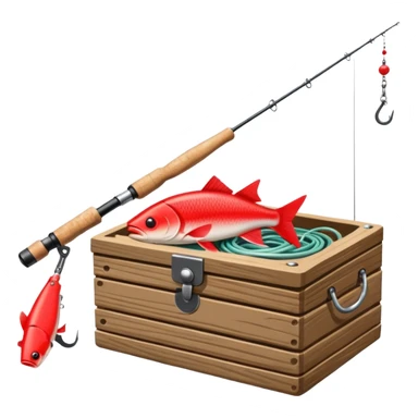 A fishing rod with reel and line neatly coiled beside a bait box.

 sticker