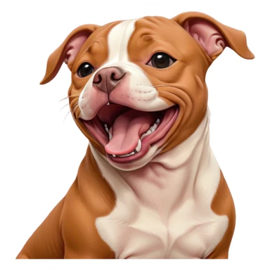 Cinematic Cute Yawning Red/Fawn Staffordshire Bull Terrier Portrait Emoji, Head tilted slightly with a dramatic, wide-open yawn, showcasing a smooth red/fawn Fur with crisp white accents, floppy ears slightly drooping, round dark eyes barely open in drowsy contentment, Simplified yet irresistibly adorable features, highly detailed, glowing with a soft, cozy glow, high shine, relaxed yet expressive, stylized with a touch of whimsy, bright and endearing, soft glowing outline, capturing the essence of a sleepy yet affectionate guardian, so drowsy it feels like it could stretch right out of the screen and curl up for a nap! sticker