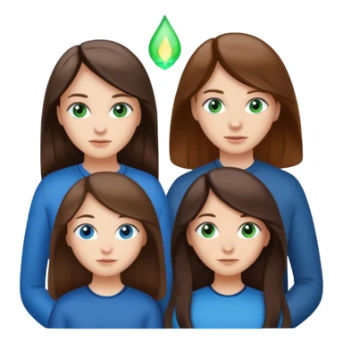 Three people total: Two girls brunette one with straight long hair and blue eyes one with curled hair middle length and green eyes and the other a boy lighter brown with blue eyes  sticker