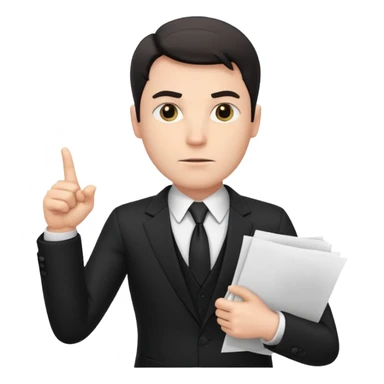 A white man in a black suit stands with a serious face and points at his hand holding papers. sticker