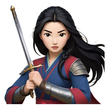 Cinematic Realistic Mulan Portrait, depicted with lifelike skin texture, soft natural lighting, and intricately detailed long black hair styled elegantly. Her deep, expressive eyes exude determination and grace, complemented by a serene yet confident expression. She stands with one hand resting on the hilt of her sword, the other by her side, exuding strength and poise. She is dressed in her classic attire, with rich fabric textures and delicate folds that catch the light beautifully. The portrait features a soft, enchanting glow with a natural, radiant finish, capturing the essence of timeless strength and beauty in a realistic and painterly style, evoking a sense of depth and authenticity. sticker