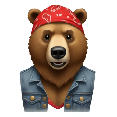 grizzly bear wearing sleeveless jean jacket and red bandana around head with open mouth sticker