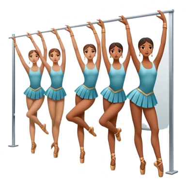Icon for Choreography: a group of dancers in identical poses, standing by a wall with all wall long mirror, holding a long barre with one hand. The icon should capture the discipline and synchronized movement of dance training. Transparent background. sticker