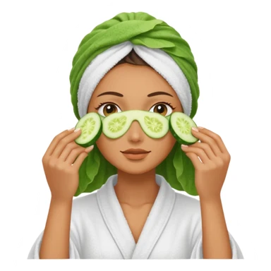 woman at the spa with cucumbers slices covering her eyes and tan skin tone with towel completely covering hair and robe on sticker