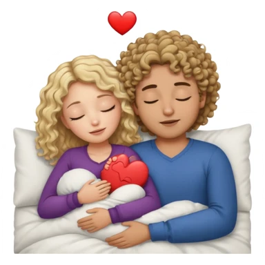 cuddling in bed, asleep. wavy haired blonde girl. curly haired dark brown hair man. eyes closed. heart between them. no headboard sticker