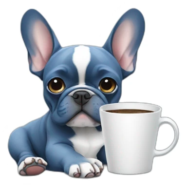 blue French Bulldog with solid blue head drinking coffee sticker