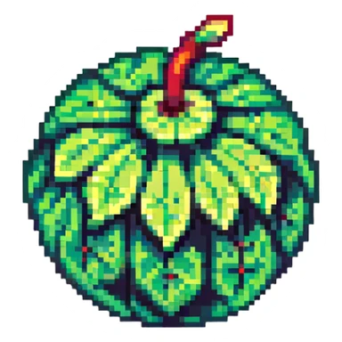 Green digital bomb animation frame 2, round bomb body with green highlights, shorter leaf-shaped fuse at top, small green glow, nature-inspired design, pixel art style sticker