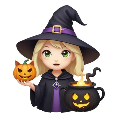 A tiny halloween emoji-style sticker of a cute but spooky little witch, blending kawaii and horror aesthetics. She has big glowing eyes, a round face, and a tiny pointed hat with stars. Her expression is mischievous but friendly—maybe winking or sticking out her tongue. Add subtle creepy details like a floating spellbook, a tiny cauldron with smoke, or a ghostly familiar (e.g., a bat, black cat, or pumpkin spirit). Use a dark but vibrant color palette: purples, blacks, and neon greens. Keep the style simple, exaggerated, and highly expressive, optimized for use as a discord/telegram emoji sticker