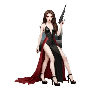Lilith symbol red eye seductress evil long brown haired sexy succubus woman with leather long dress with slit, sitting in Big Large F350 pickup truck. Black Platform high heels on feet. Back of truck full of stacks of cash, and a man human skull with a gun in other hand sticker