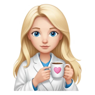 girl
blue eyes
long blond hair
wearing housecoat
holding a white mug of coffee that says mom
wearing rose gold apple watch  sticker